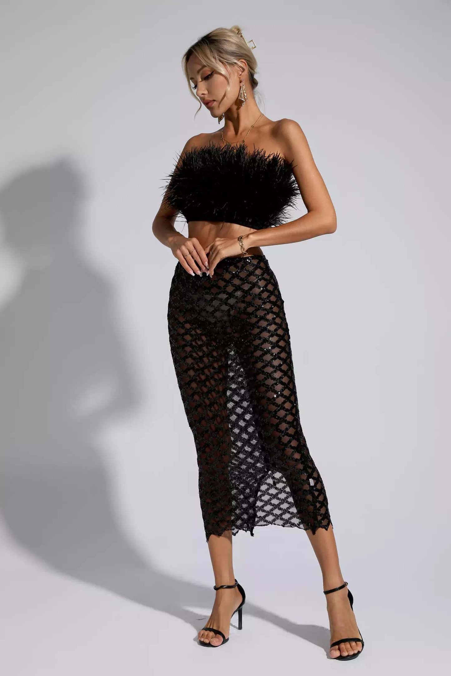 Women New Fashionable Sleeveless Sexy Crop Top And Faux Fur Skirt 2 Pieces Set, Suitable For Banquet Parties-Various Colours