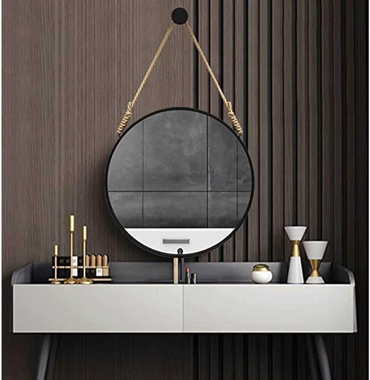 MHome Black Large Round Frame Mirror With Hemp Rope 60cm