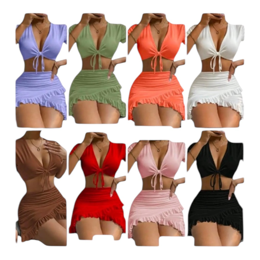 Ladies Sexy 2pc Ruffle Dress Set Women Outfits Elegant Lace Up Crop Top And Skirt