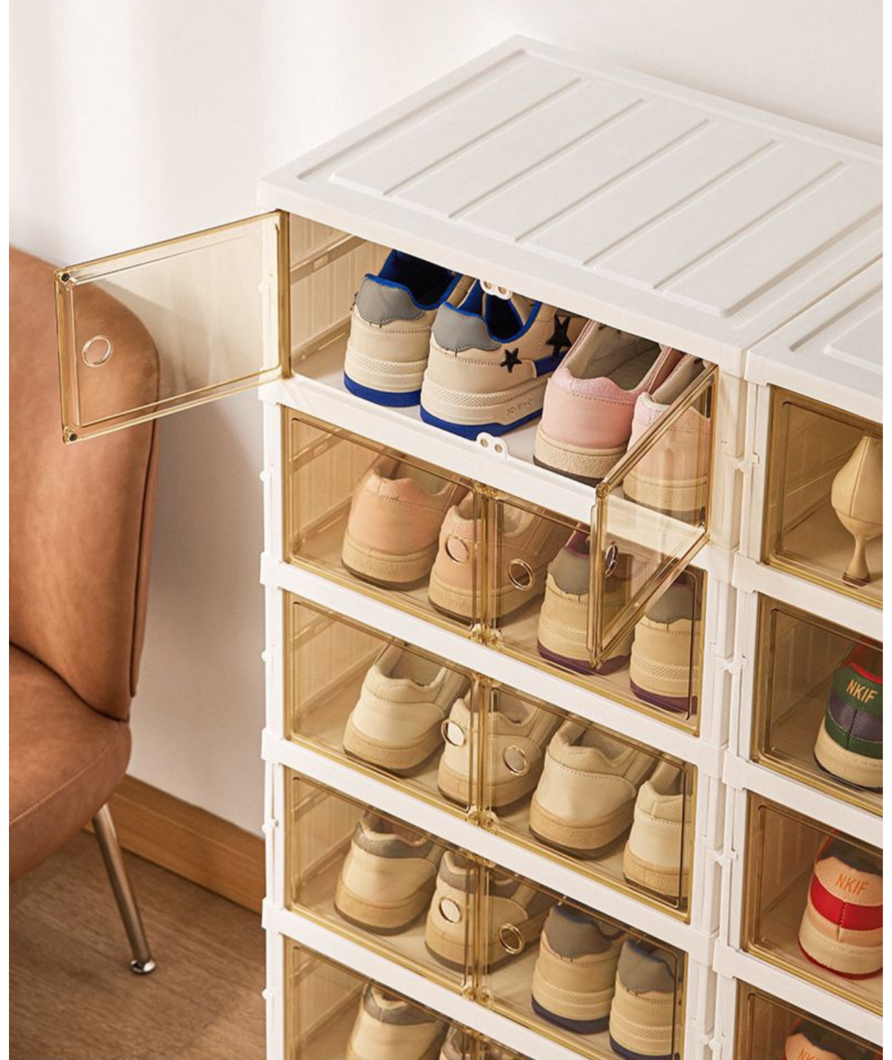 MHome 12-Compartment Folding Shoe Storage Cabinet – Transparent Plastic Organizer with Wheels