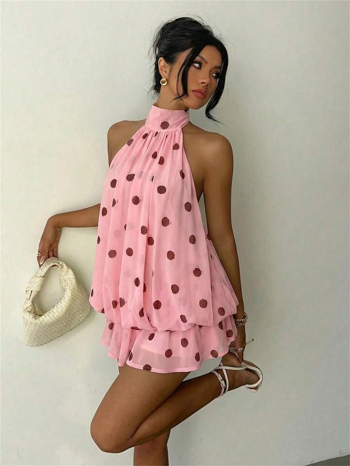Ladies Summer Halter Neck Polka Backless Mini Dress-Various Colours
