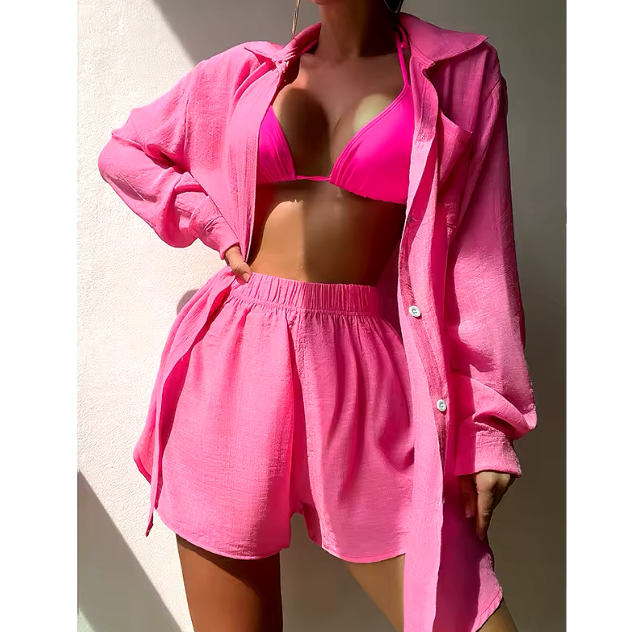 Casual Outfits for Women 3Piece Sets Office Work Beach Holiday Plain Color Shirt Suit Loose Sun Suit Casual Beach Swimsuit Cover up.