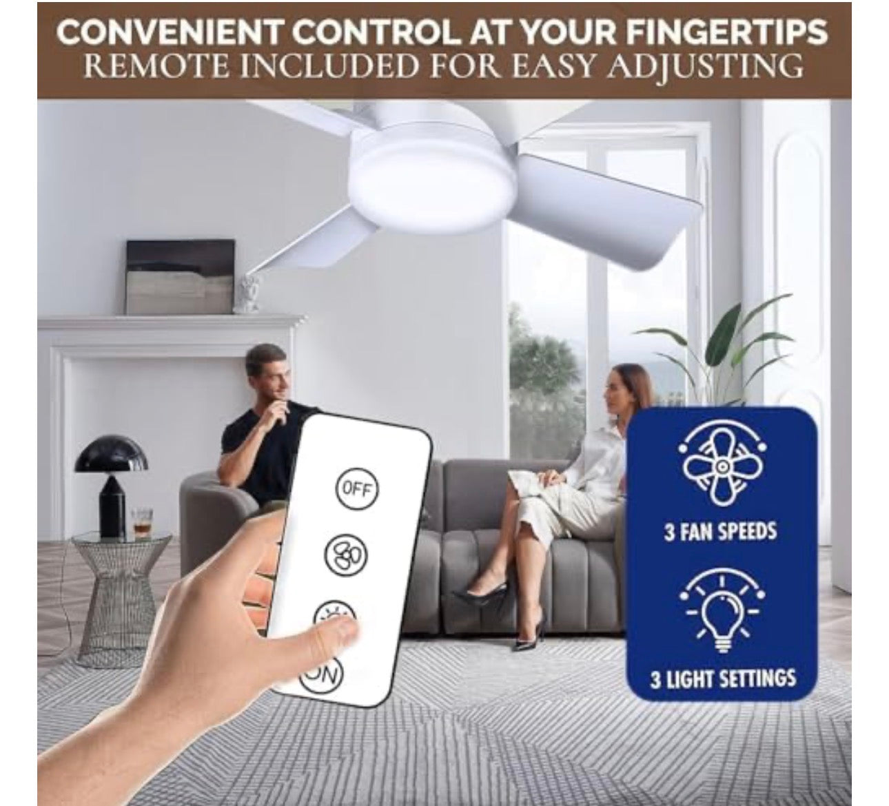 MHome 2:1 Socket Ceiling Fan with LED Light, 16 Inch | 3-Speed Fan + 3-Step 1000 Lumens Lighting | Remote Control | Indoor Outdoor Portable Ceiling Fan with Light