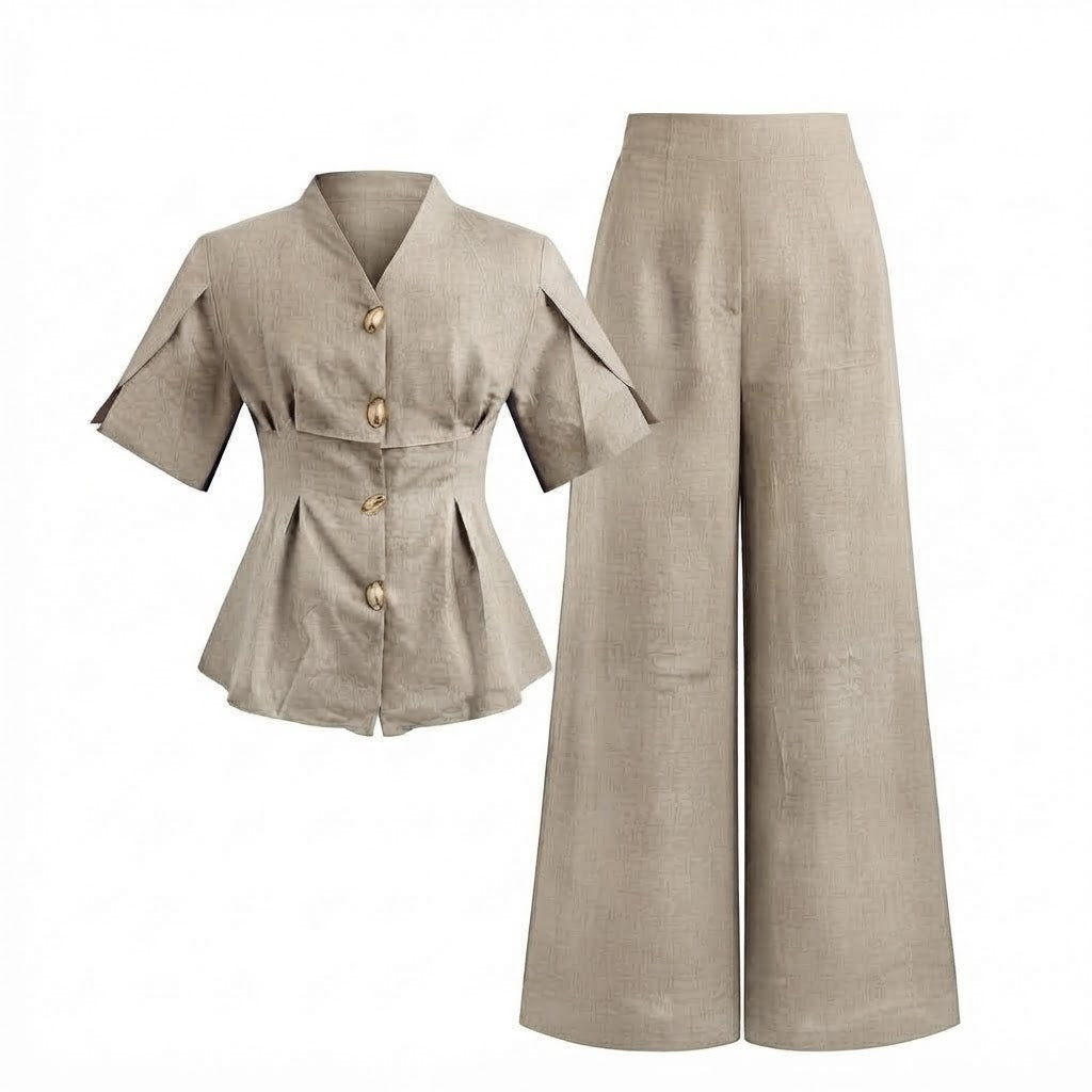 Women’s Button Front Wide Leg 2 Piece Set – Short Sleeve Top & Pants