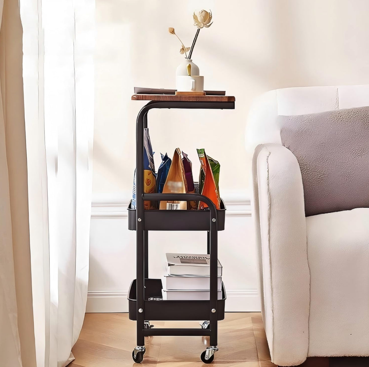 MHome 2-Tier Coffee Table Trolley – Rolling Storage Cart with Shelves, Metal Frame & Wood Finish