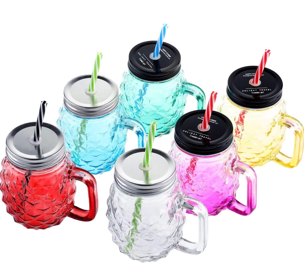 MHome Pineapple Mason Jars Sturdy Juice Glassware Gradient Glass 6pc set with Leak-Proof Lid and Straw Spill Proof Beverage Mugs Suitable for School and Work