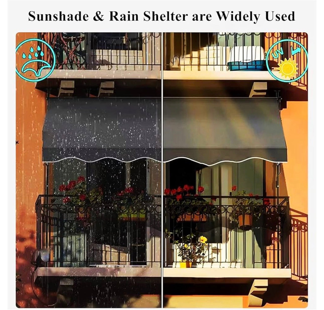 MHome Patio Awning Retractable Awning with Manual Crank Handle, Sun Protection Roof for Outdoor Use, Window Door Protection for Balcony Deck, Garden, Porch, Grey,- Various Sizes