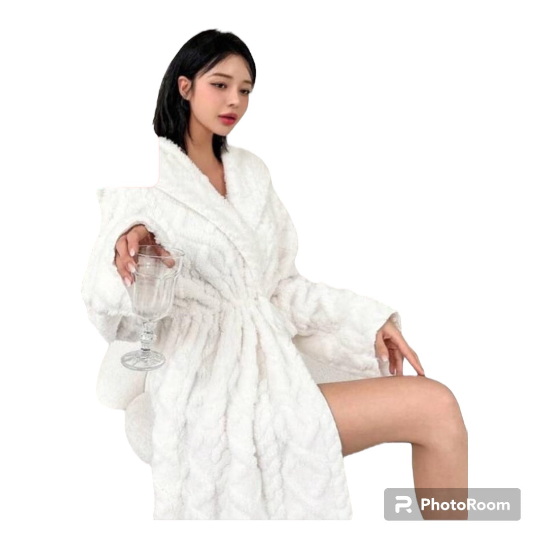 Contrast Fuzzy Trim Hooded Belted Robe Available In Various Colours