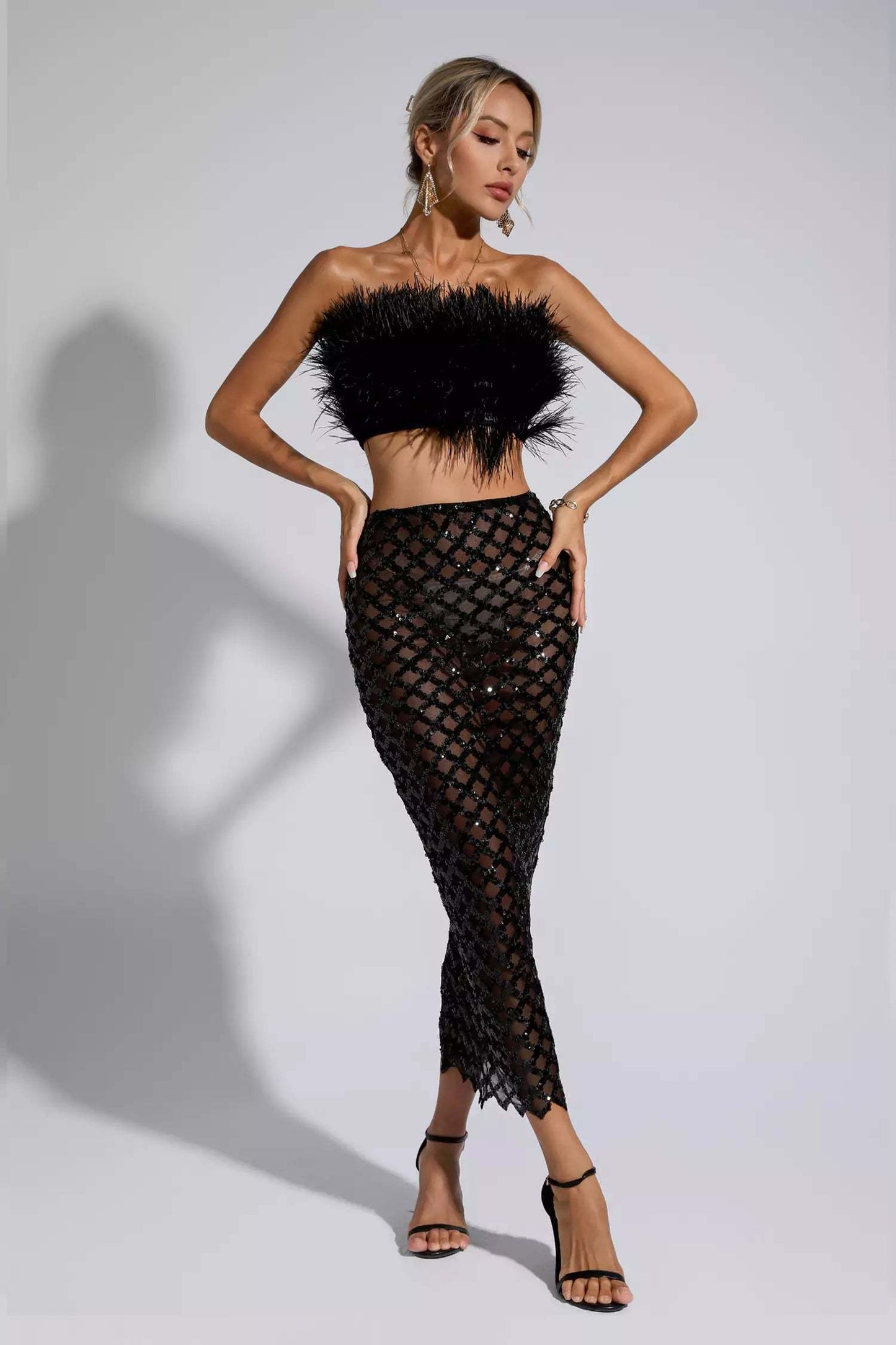 Women New Fashionable Sleeveless Sexy Crop Top And Faux Fur Skirt 2 Pieces Set, Suitable For Banquet Parties-Various Colours