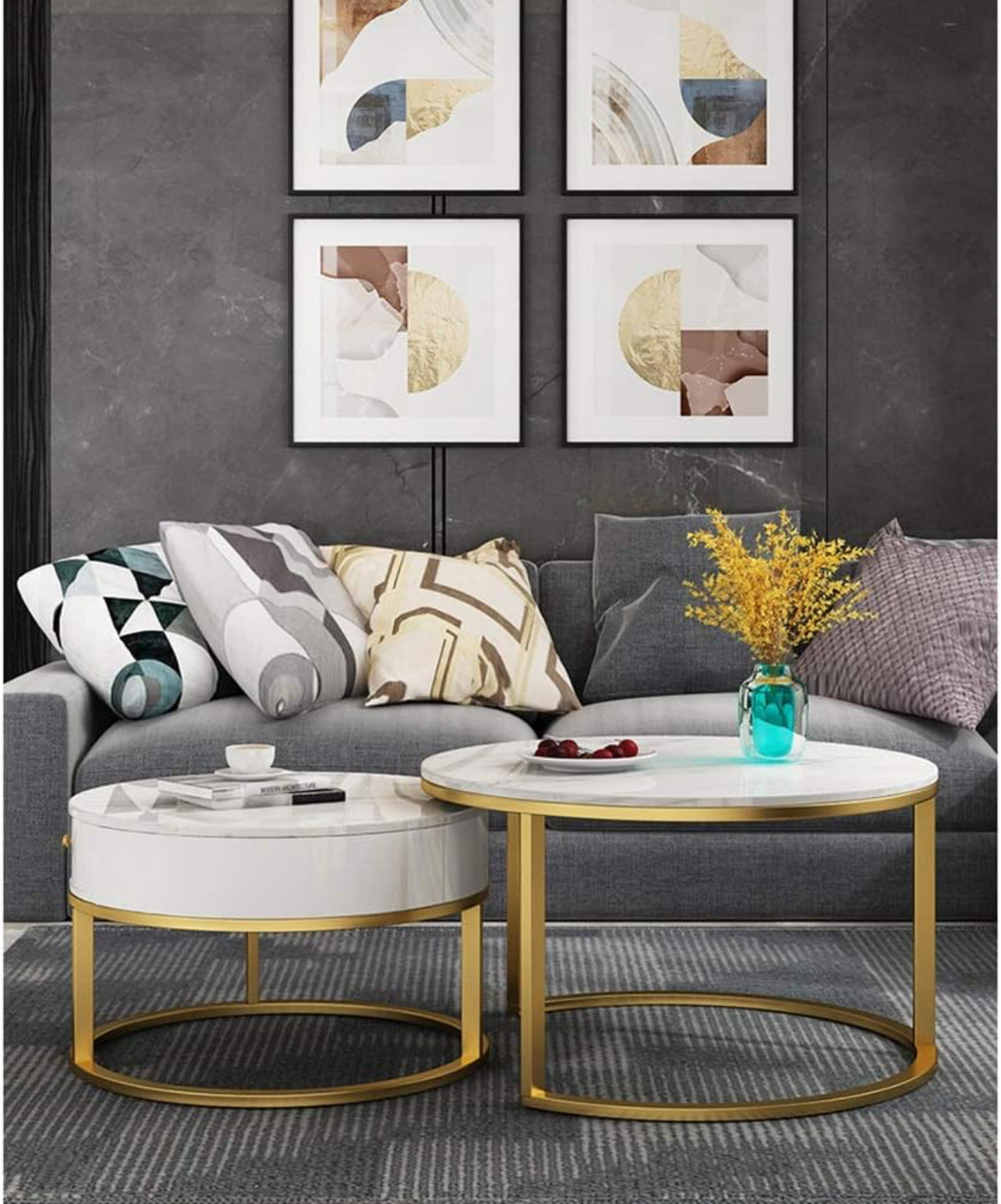 MFurn Living Room End Tables, Firm Durable Sofa Tables Office Living Room Decoration Nesting Tables White Marble/Wrought Iron Frame