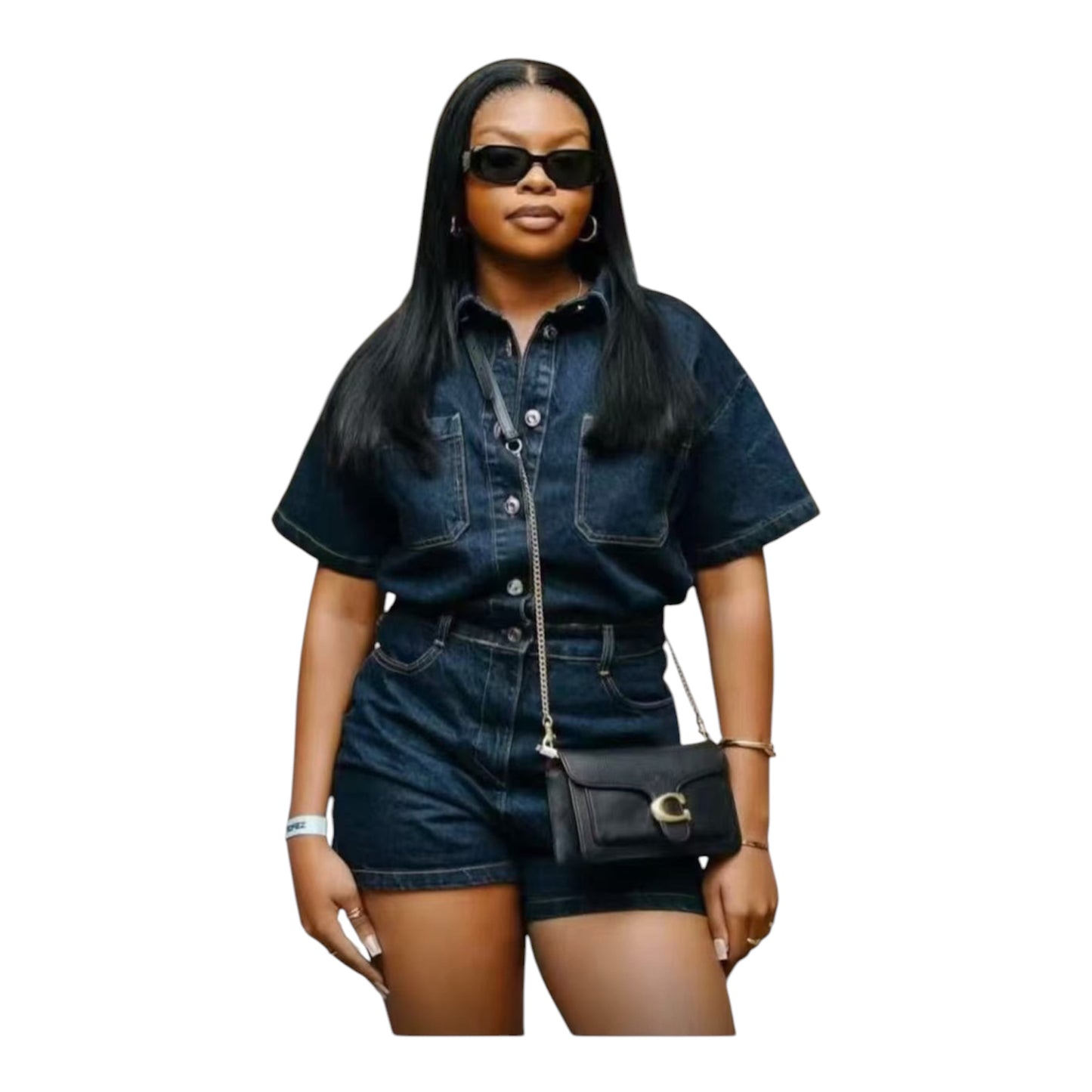 Ladies Collar Short Sleeve Single Breasted Retro Pocketed Denim Jumpsuit