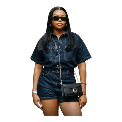 Ladies Collar Short Sleeve Single Breasted Retro Pocketed Denim Jumpsuit