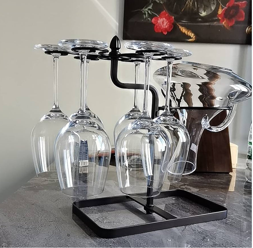 MHome Wine Glass Hanging Rack with 6 Hooks, Metal Iron Free Standing Wine & Wine Decanter Holder Black Only.
