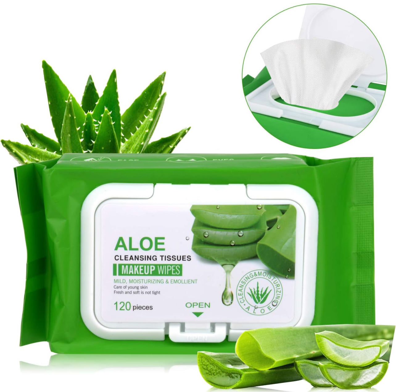 ALOE Soft Cotton Wet Wipes Facial Cleansing Towel, Mild, Moisturizing, Emollient, Non-woven Makeup Cotton Pads Lint Free Face Eye Lip Nail Polish Remover Cosmetic Pads, 30pc/bag