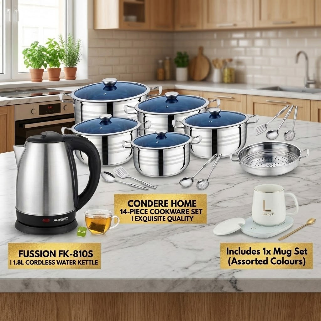 Ultimate Kitchen Essentials Combo (Fussion 1.8L Stainless Steel Kettle + Condere 14-Piece Cookware Set + Smart Ceramic Heating Mug Set)
