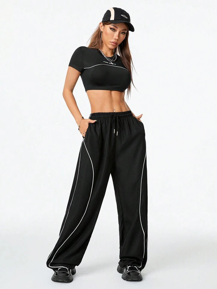 Women's Casual Streetwear T-Shirt And Wide Leg Pants 2pc Set- Various Colours