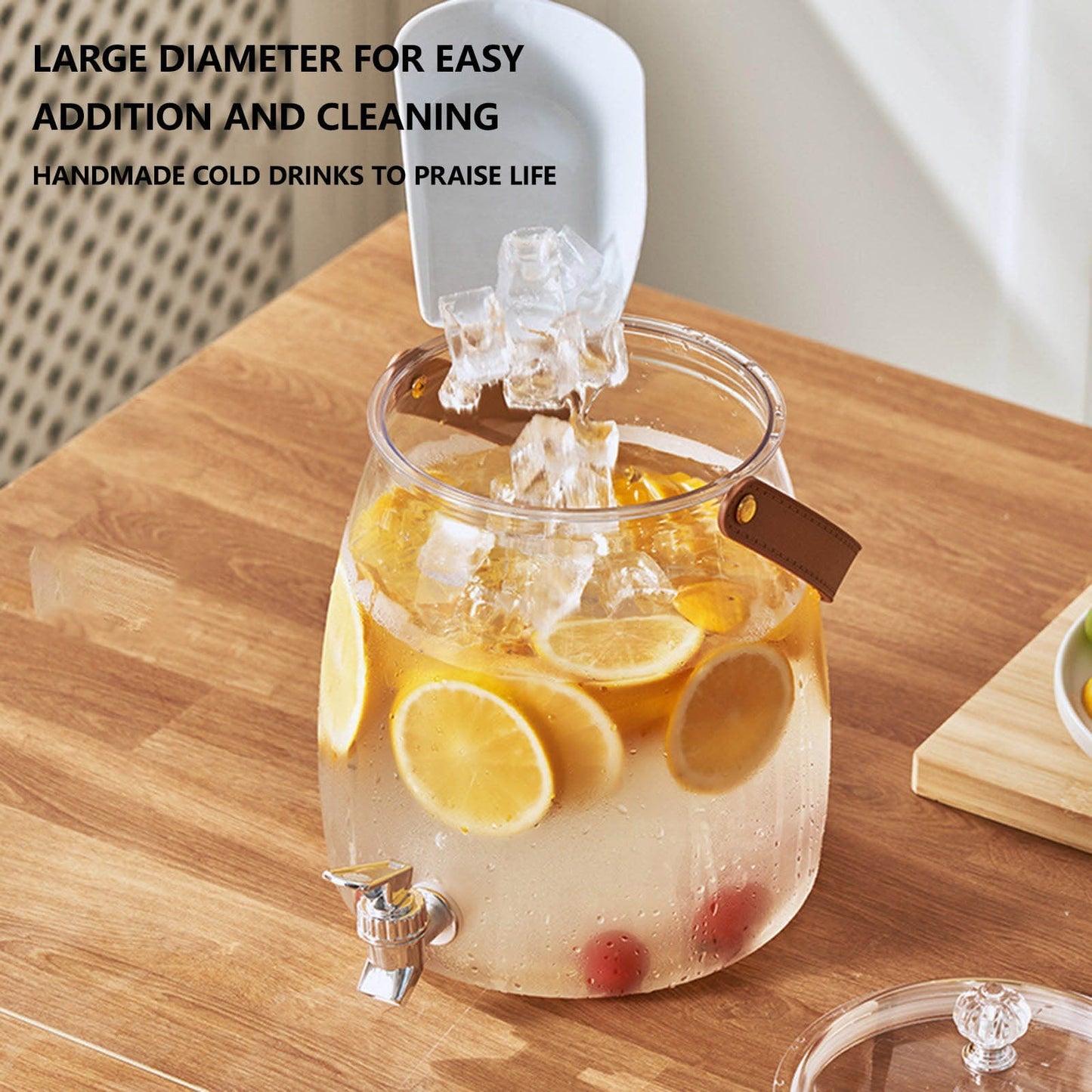 MHome Beverage Dispenser with Tap, Lid & Leather Handle – Clear plastic Dispenser Jar 5.5L