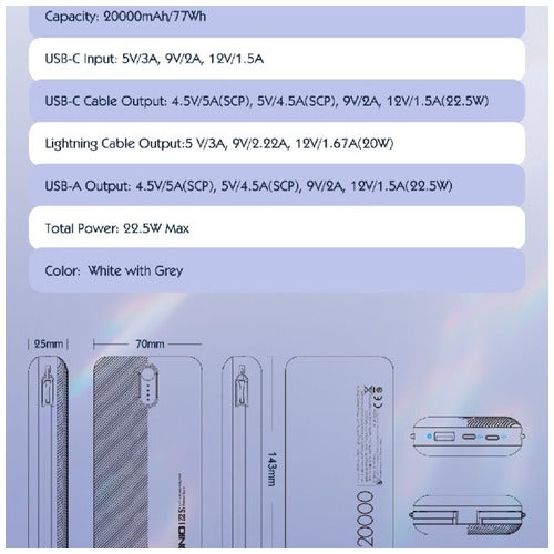 LDNIO PQ24 - 20000mAh Power Bank with Built-in Cables - 22.5W MAX - BLACK