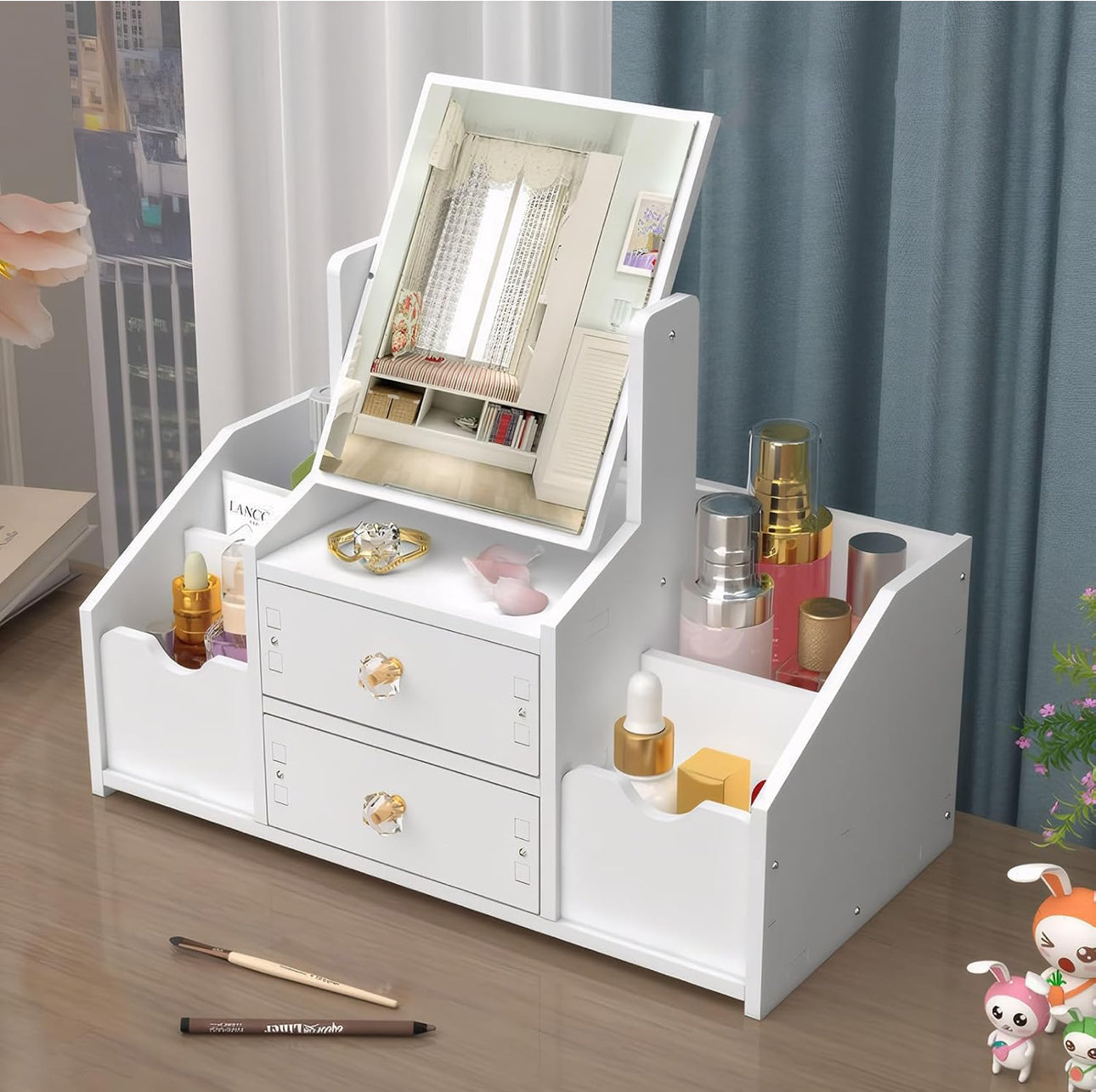 Mbeauty White Wooden Cosmetic Organiser With Drawers and Mirror