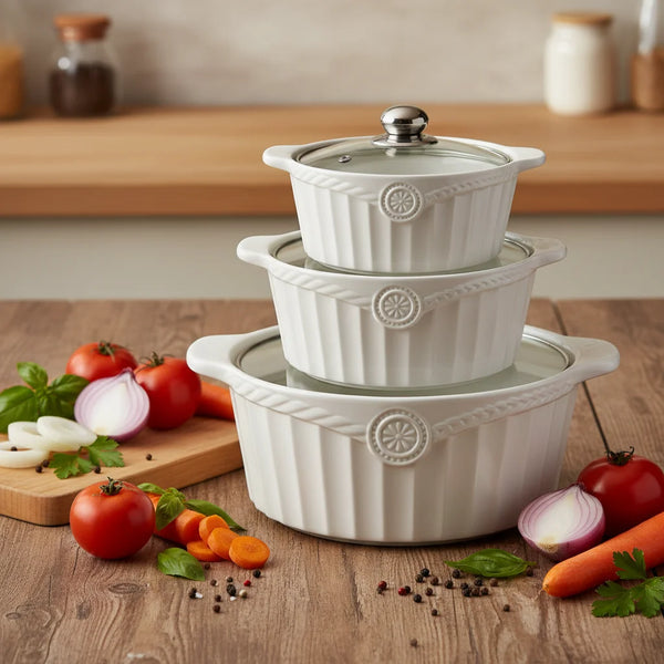 MHome 3 Piece Ceramic Casserole Pot Set With Tempered Glass Lids