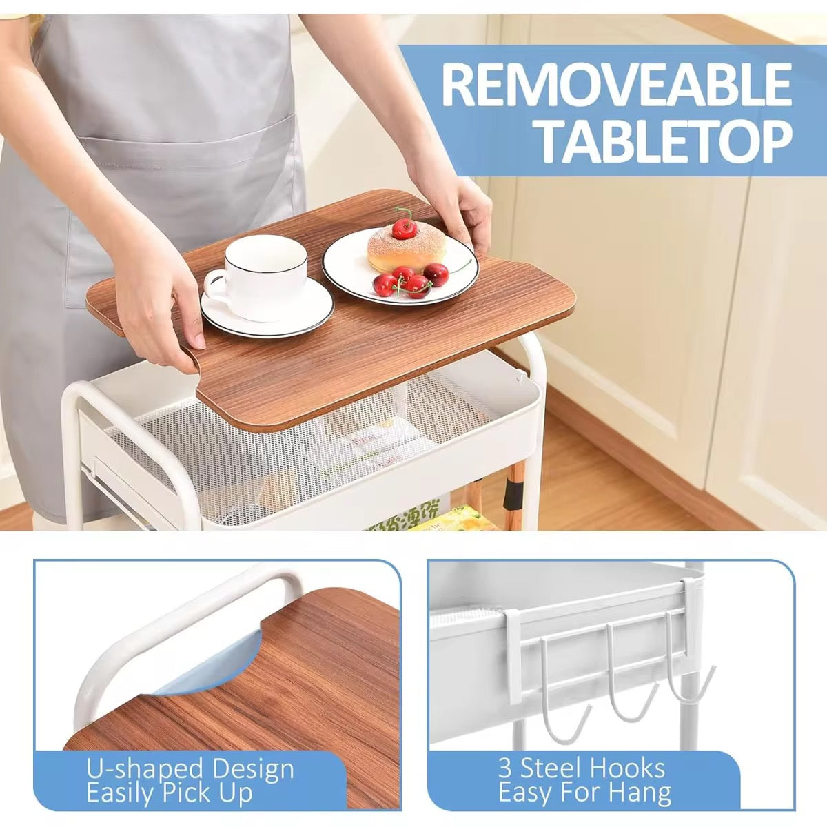 MFURN 3 Tier Rolling Cart with Table top, Metal Rolling Utility Cart on Wheels, Sturdy Storage Organizer Cart with Hooks for Office, Classroom, Kitchen and Bathroom (White)