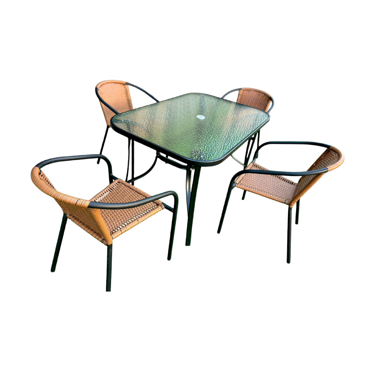 MFurn Sunshine 6 Piece Outdoor Patio Set with Steel Center Umbrella & Tempered Glass Table