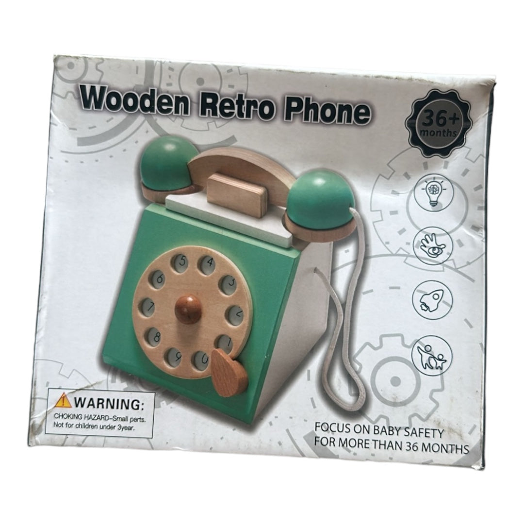 Kids Baby Wooden Pretend Retro Phone Toy Antique Dial Telephone Rotary Design