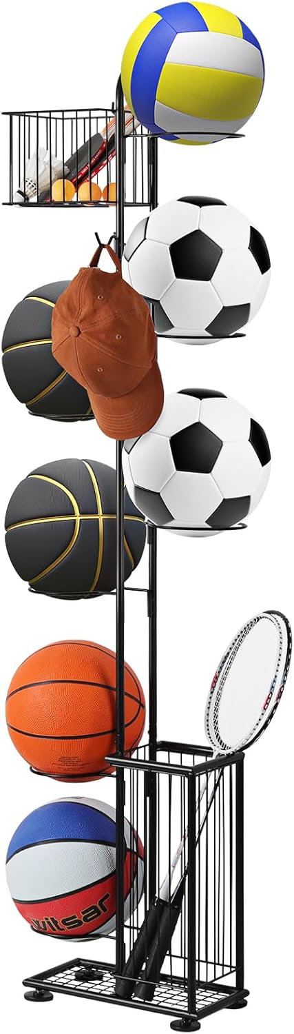 MSPORTZ Multi-Sport Ball Storage Rack Vertical Design, Built-in Baskets, Organise Your Garage or Home Gym