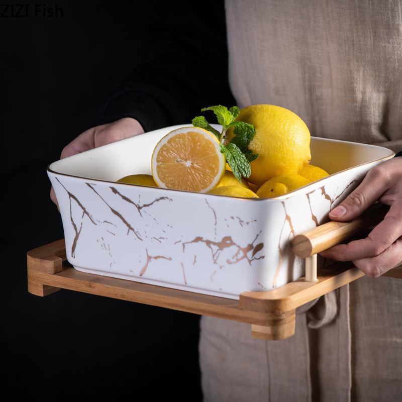 MHome Marble Ceramic Serving Bowl with Wooden Base