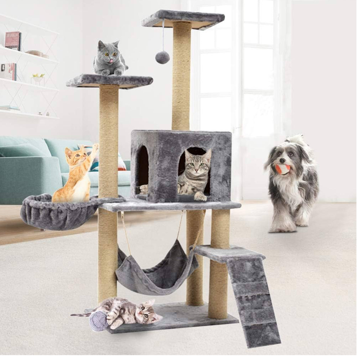 140cm Cat Tree Tower – Climbing Frame, Hammock, Condo & Scratch Toy