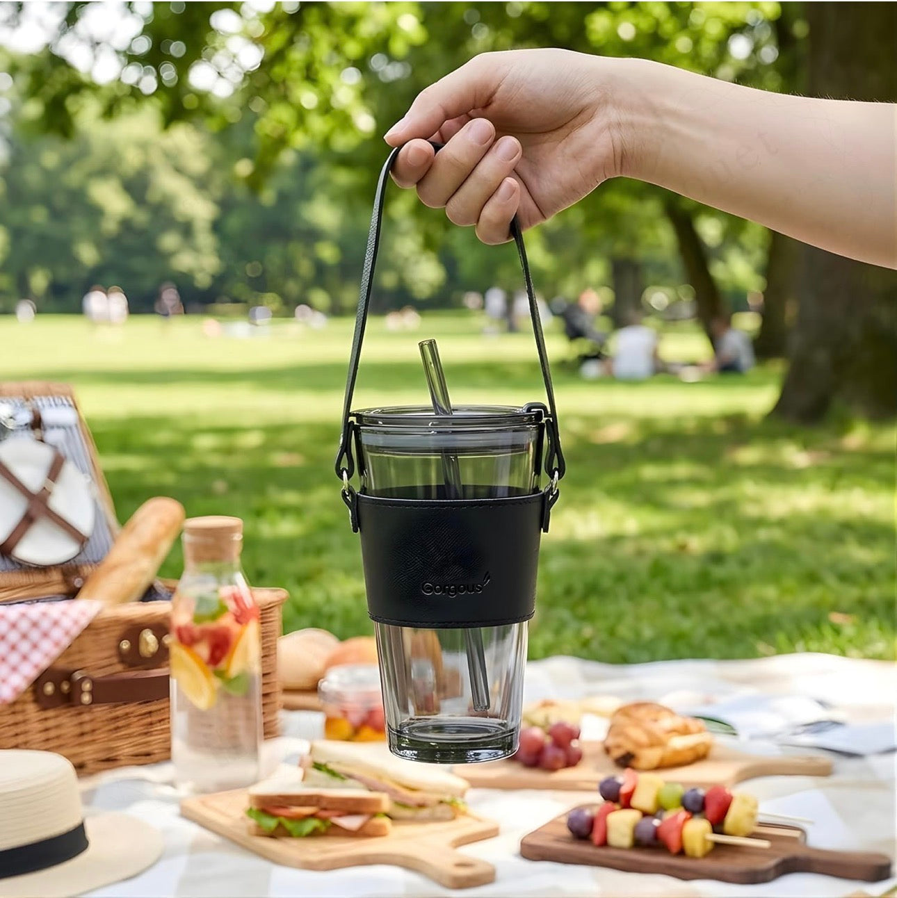 MHome Glass Tumbler with Leather Sleeve and Straw, 450ML,Clear|Stylish Coffee & Juice Sipper Bottle|Reusable Water Cup with Straw & Lid |Premium Clear Drinking Bottle for Gym,School &Travel.