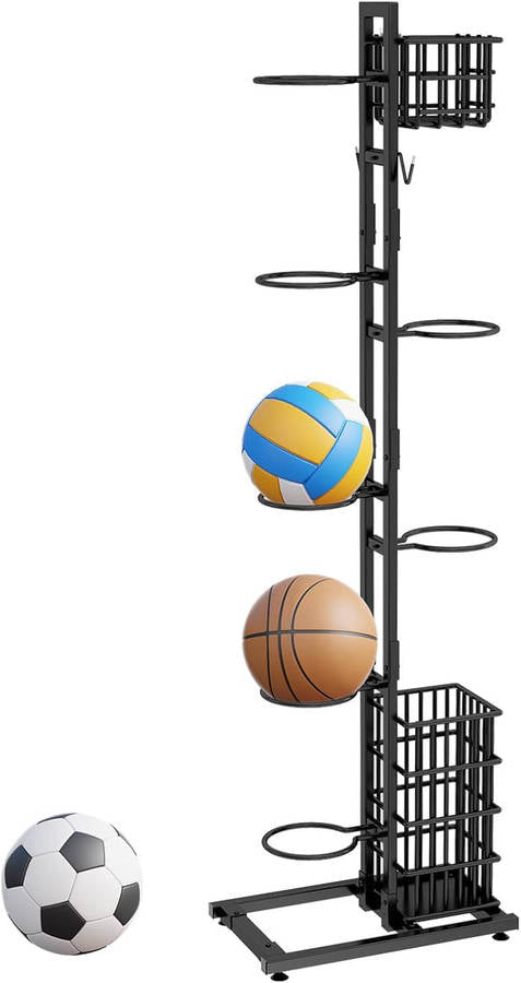 MSPORTZ Multi-Sport Ball Storage Rack Vertical Design, Built-in Baskets, Organise Your Garage or Home Gym