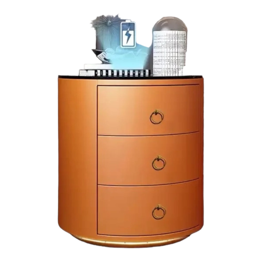 Round Bedside Table Smart Intelligent Audio Password Fingerprint Lock Wireless Charging Leather Wood Cabinet Nightstands - Various Colours