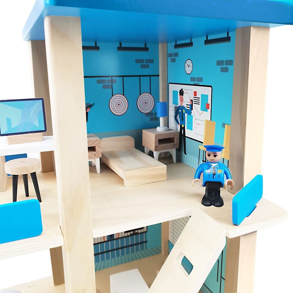 Kids Wooden Police Station Playset, RolePlay Dollhouse, 3-Level with Figures
