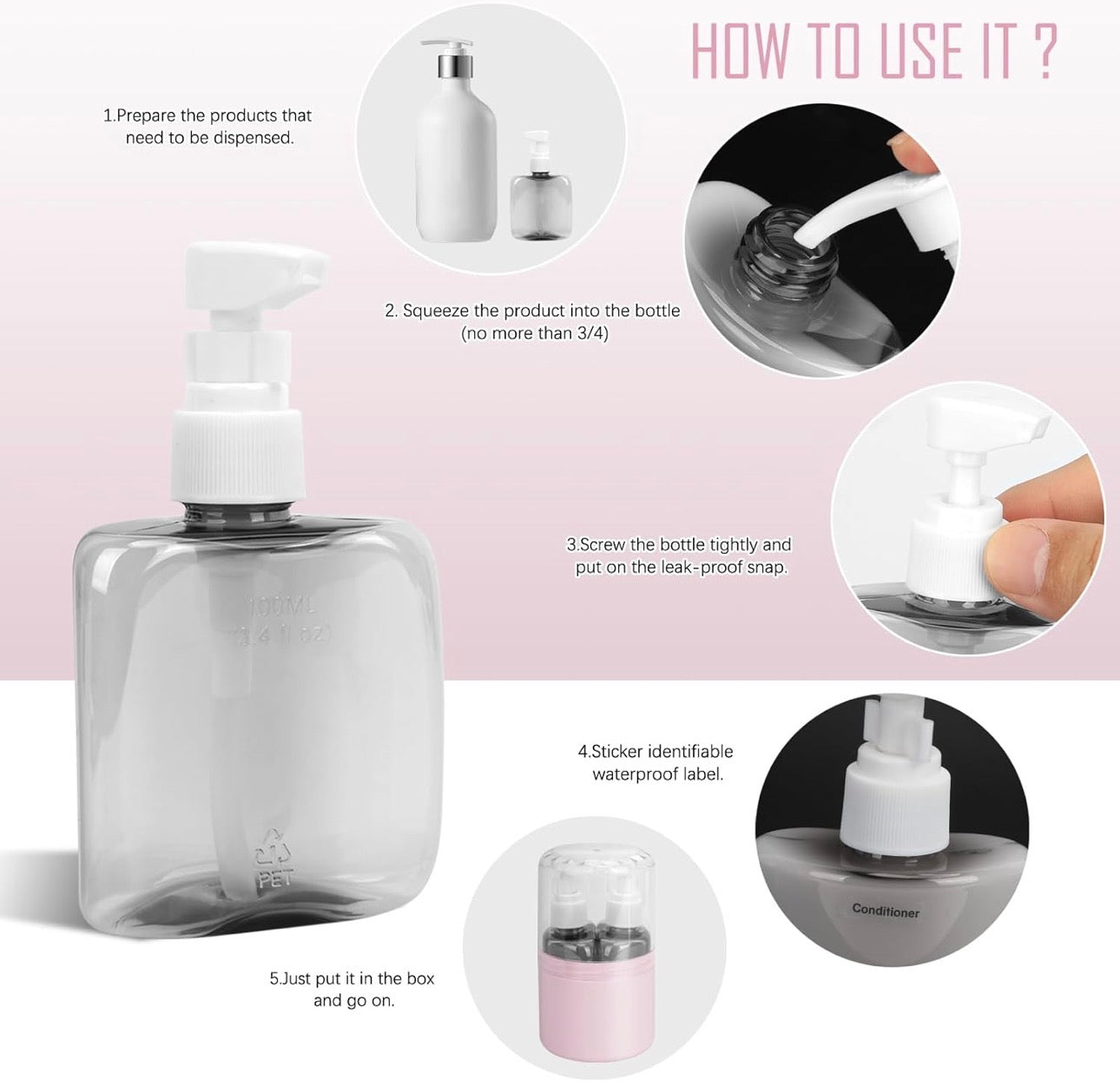 MHome 4:1 Travel Containers for Toiletries, Leak-Proof Refillable Plastic Bottles with Lid, Toiletry Containers for Shampoo 8pc Set