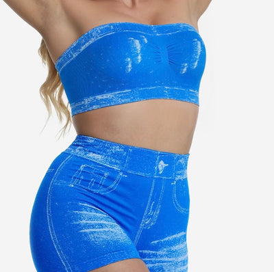 Ladies Two Piece Sets Denim Print Strapless Tops High Waist Tummy Control Biker Shorts Trendy Bodycon Matching Outfits-Various Options