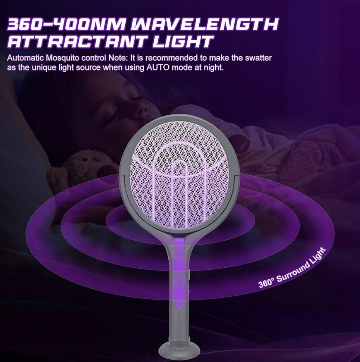 MHome 2 in 1 Rotating Head Electric Fly Swatter, Fly Zapper Racket Rechargeable with a Telescopic Extension, Handy Flies Killer Mosquito Bug Zapper for Indoor and Outdoor