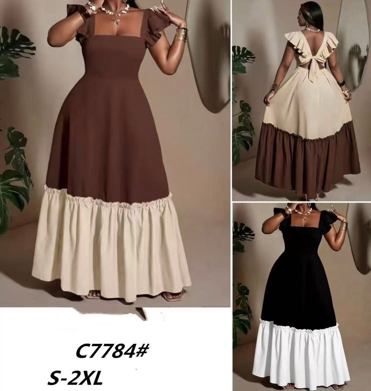 Ladies Two-Tone Ruffle-Sleeve Tiered Maxi Dress-Various Colours