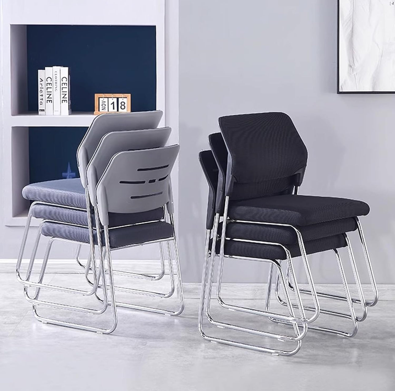 MFurn Modern Office Stacking Chairs Set Sled Base Desk Pack Of 4 (Black) Octopus Feet