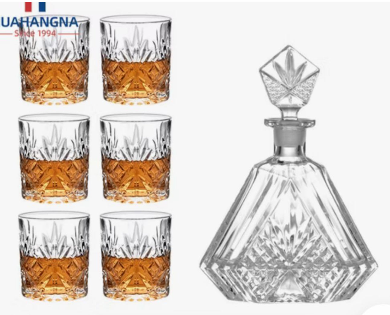 MHome Crystal Whiskey Decanter Set With 6pc Whisky Glasses for Liquor Scotch Bourbon Set