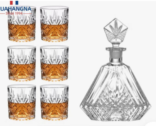 MHome Crystal Whiskey Decanter Set With 6pc Whisky Glasses for Liquor Scotch Bourbon Set