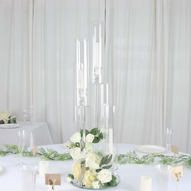 MHome  5-Arm Crystal Round Glass Taper Candle Candelabra, Pillar Candle Holder Wedding Centerpiece