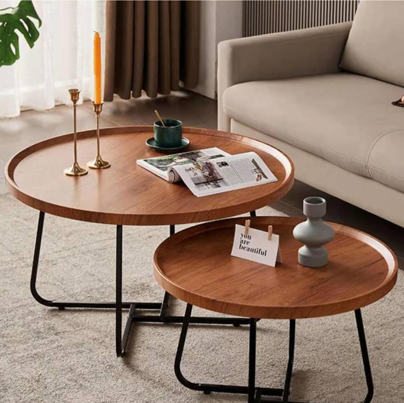 MFurn 2-Piece Round Coffee Table Set – Modern Wood Raised Edge with Metal Frame