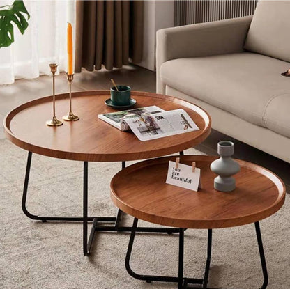 MFurn 2-Piece Round Coffee Table Set – Modern Wood Raised Edge with Metal Frame