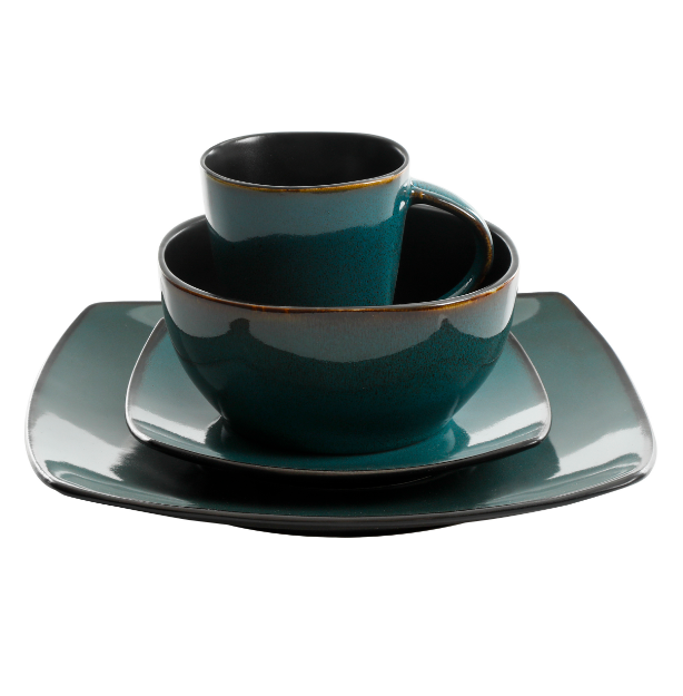 DINNERWARE SET 16-Piece Plates Bowls Mugs Dishes Stoneware Square Dinner Kitchen
