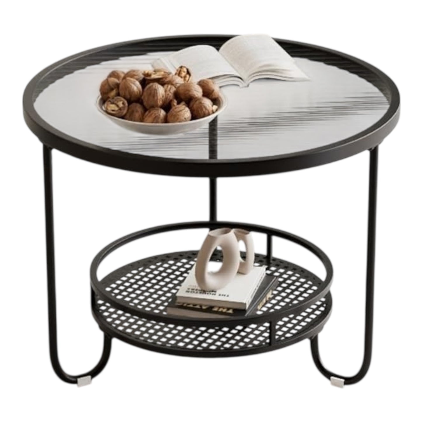 MFurn Coffee Table with Storage Shelf – Metal & Glass, Black