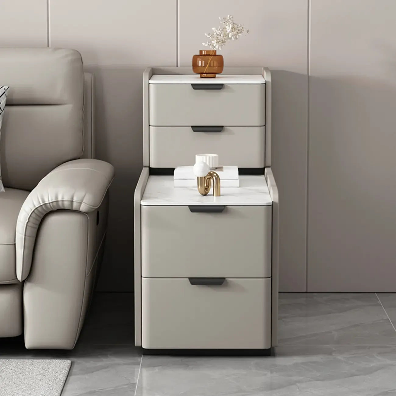 MFURN Modern Simple Style Rectangular White Sintered Stone Side Table with Block Base and 4 Drawers
