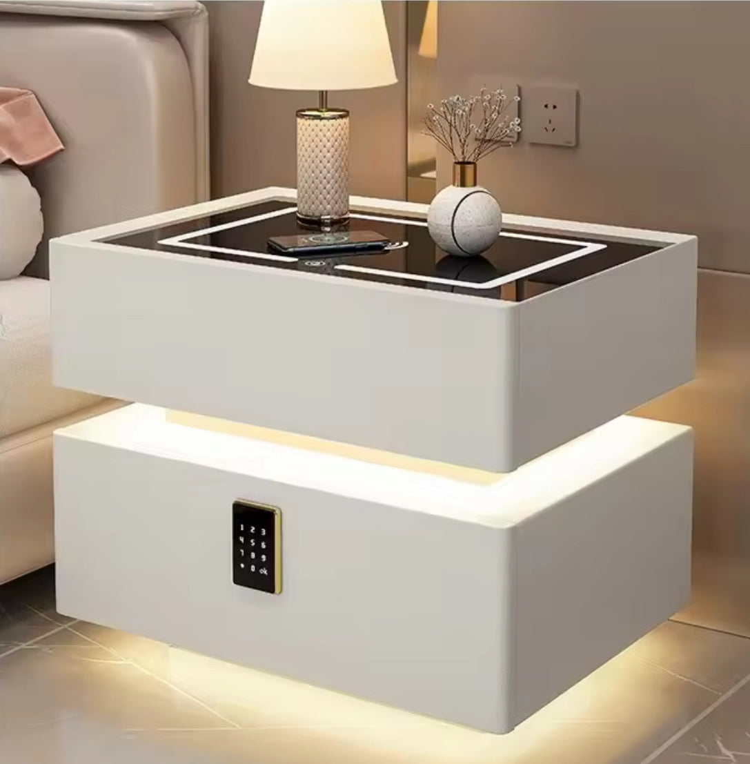 Nordic style smart bedside cabinets with wireless charging, Bluetooth speaker, LED strip, and secure password lock drawer-Available In Various Colours PreOrder Sales Now Available!