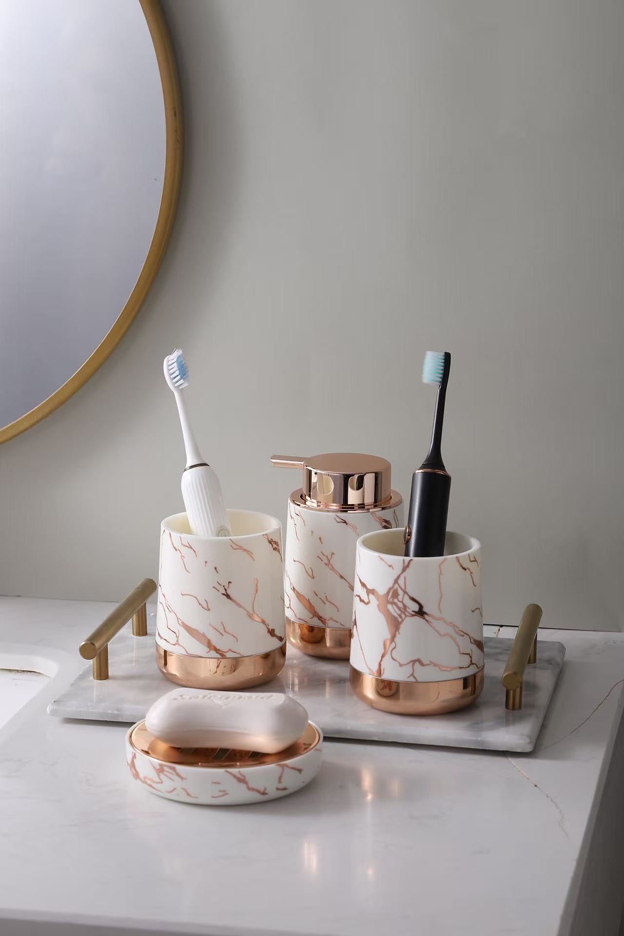 MHome 4-Piece Bathroom Accessory Set – Soap Dispenser, Soap Dish & Toothbrush Holders