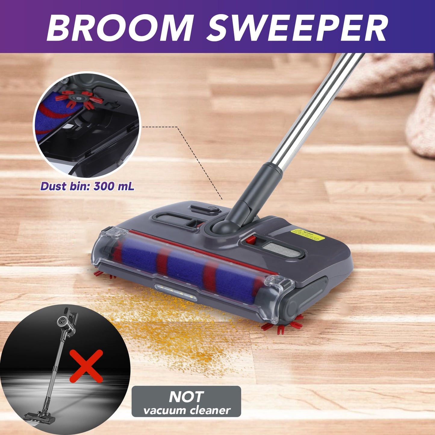 MHOME Cordless Electric Sweeper – 360° Rotating Brush, LED Light, Lightweight Floor & Carpet Cleaner